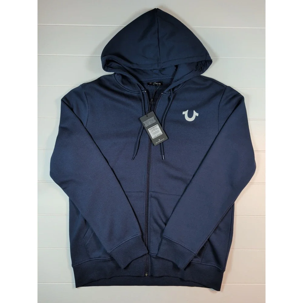 True Religion Zip Hoodie Mens Large Navy Blue Buddha Graphic Logo 106659